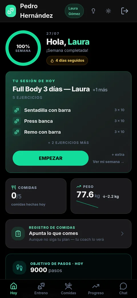 Pantalla del día en la app del cliente