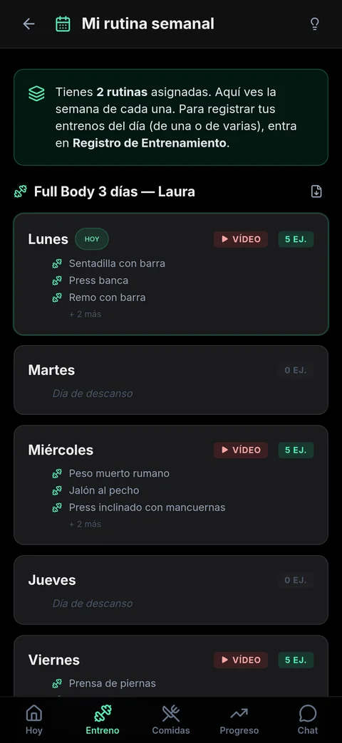 Rutina semanal en la app del cliente