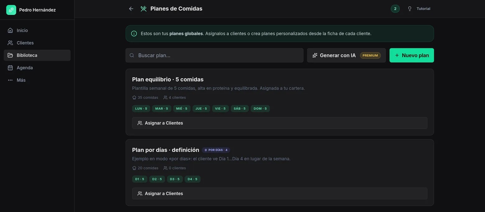 Plan de nutrición dentro del panel del entrenador