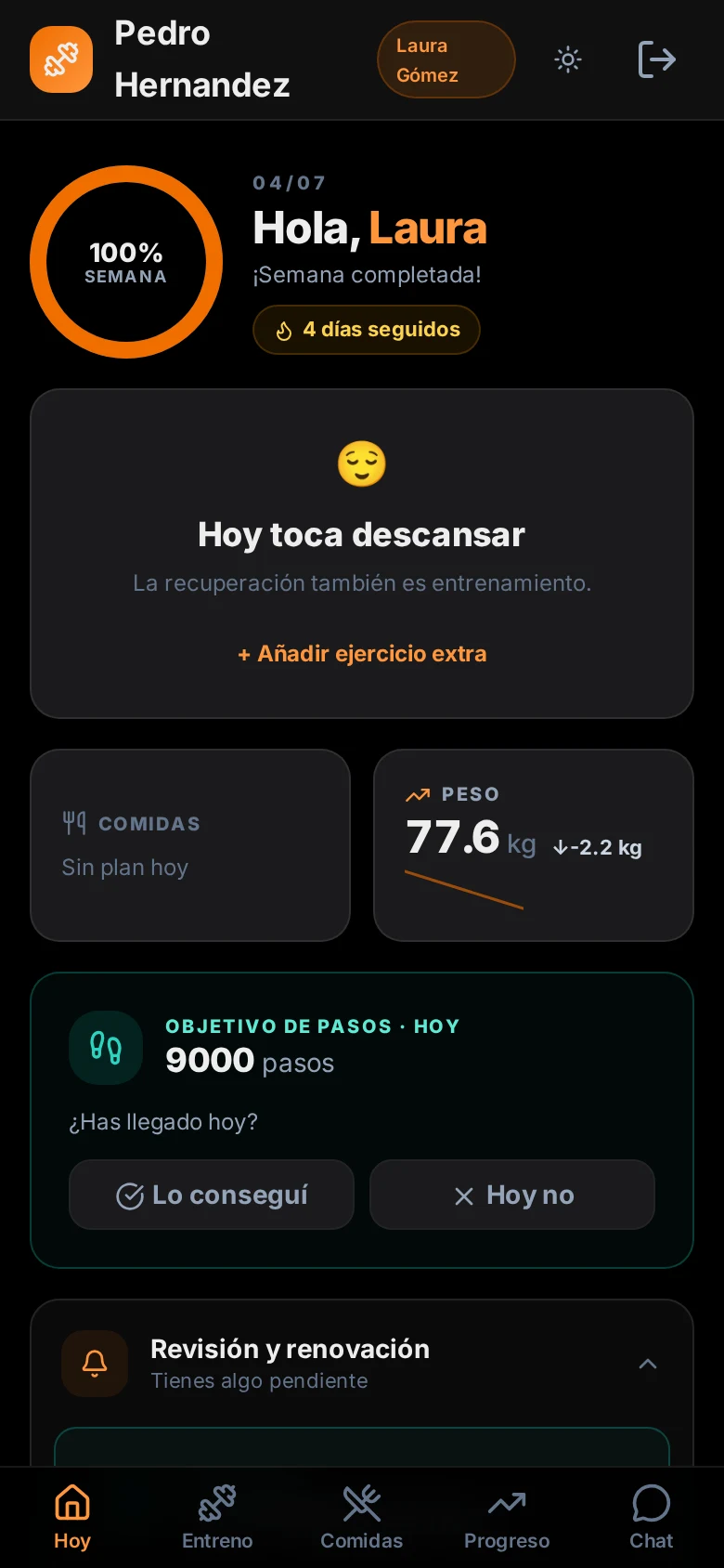 App del cliente — pantalla Hoy con su rutina del día