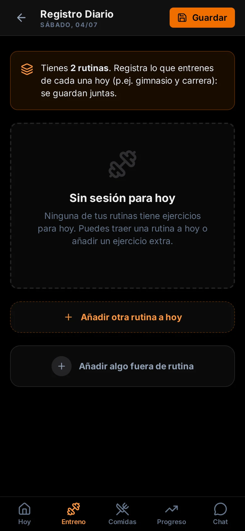 App del cliente — registro de entreno completado