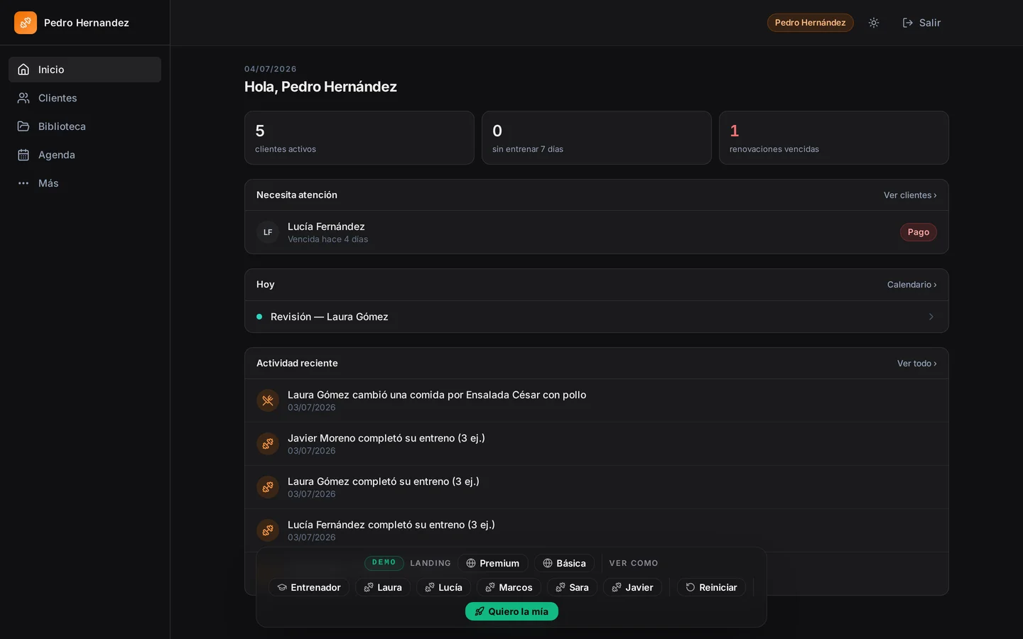 Panel del entrenador — vista real del dashboard